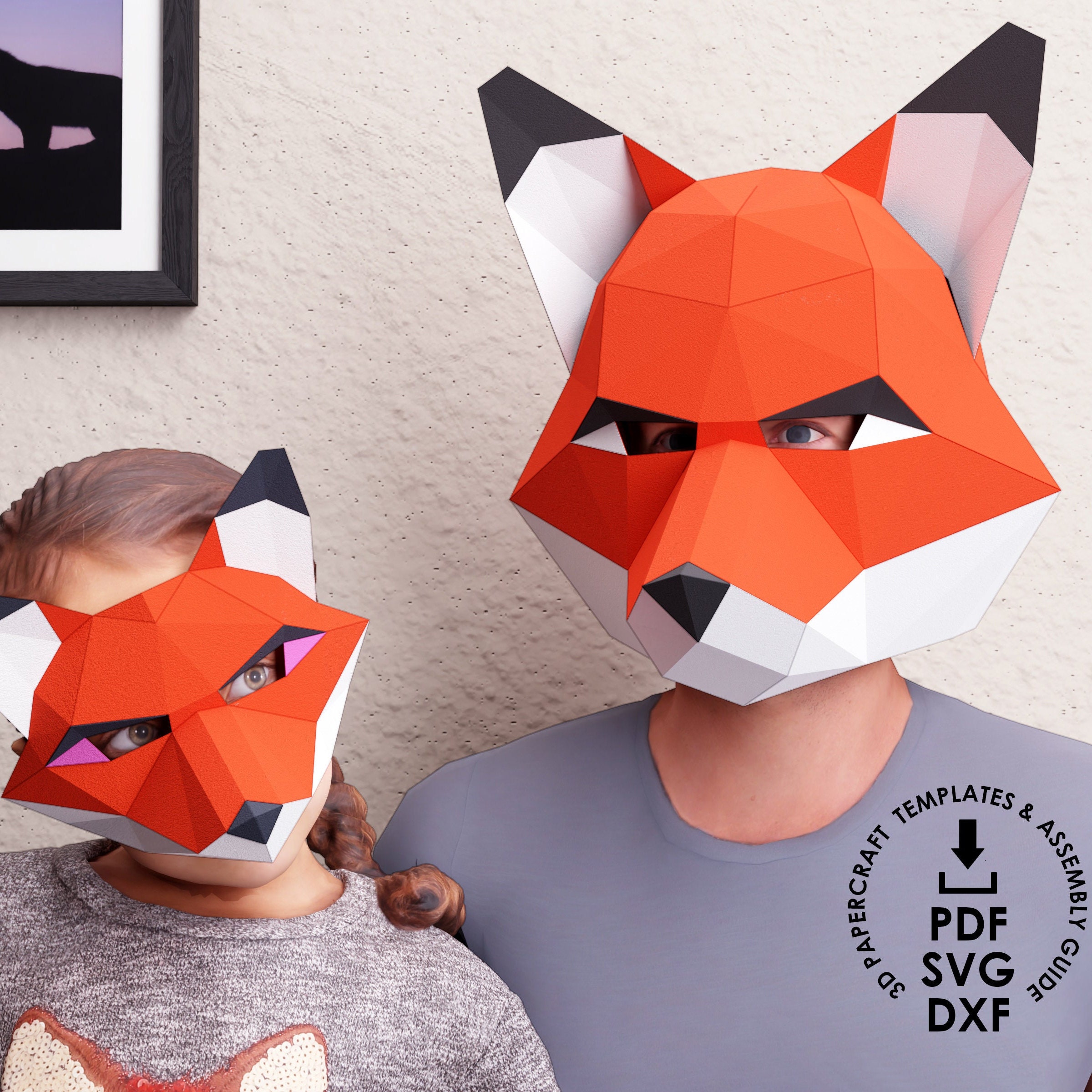 Cat Half Mask, Paper Animal Mask PDF and SVG Pattern. Low Poly