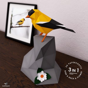 Uccello di Papercraft 3D: Cardellino americano - Uccello e roccia stampabile in low poly, modello di carta fai-da-te facile come decorazione da tavolo o bellissima arte da parete