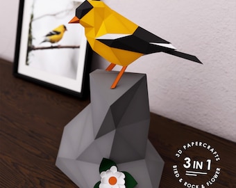 Pájaro en papel 3D: jilguero americano: pájaro y roca de baja poli para imprimir, modelo de papel fácil de hacer como decoración de mesa o hermoso arte de pared