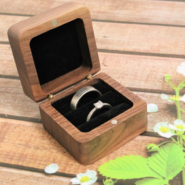 Ring box, wedding ring box for a wedding, engagement or wedding proposal made of walnut wood with engraving and black velvet fabric
