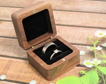 Ring box, wedding ring box for wedding, engagement or wedding proposal made of walnut wood with engraving and black velvet fabric