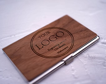 Business card holder made of anodized stainless steel with walnut wood, custom engraved with your company logo or personalized