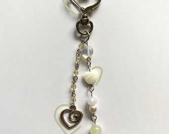 Freshwater Pearl Spiral Heart Charm Genuine Jade Beaded Keychain - Cute Jewelry