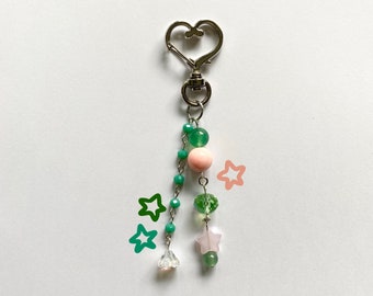 Pink and Green Star Beaded Keychain - Cute Jewelry