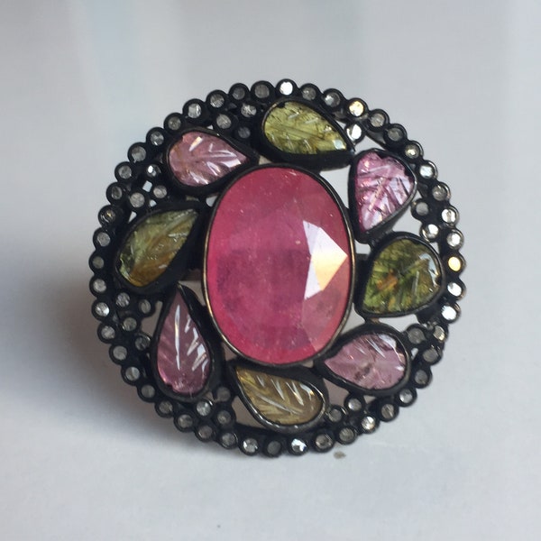 16 Carat Hand Crafted Natural Ruby With Tourmaline And Diamond Victorian Design In 925 Sterling Silver Ring For Her, Birthday Gift