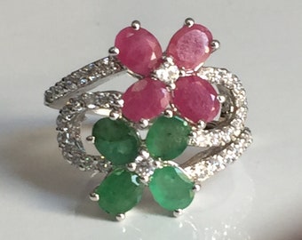 Esmeralda natural y rubí en anillo de plata de ley 925, anillo de compromiso, anillo de propuesta joyería vermeil joyería minimalista