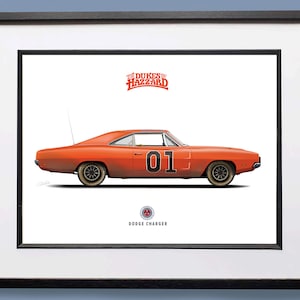 Carro do General Lee, The Dukes of Hazzard, 1969, Dodge Charger, ilustração (VERSÃO LAMBRA) Impressão de arte digital, arte de carro, TV e filme, pôster de carro