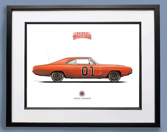 Hertigarna av Hazzard General Lee 1969 Dodge Charger illustration Konsttryck Illustration (Lerig version)
