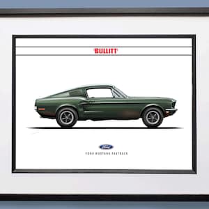 Ilustração do Bullitt Ford Mustang, arte digital impressa, pôster de carro de filme de Steve McQueen