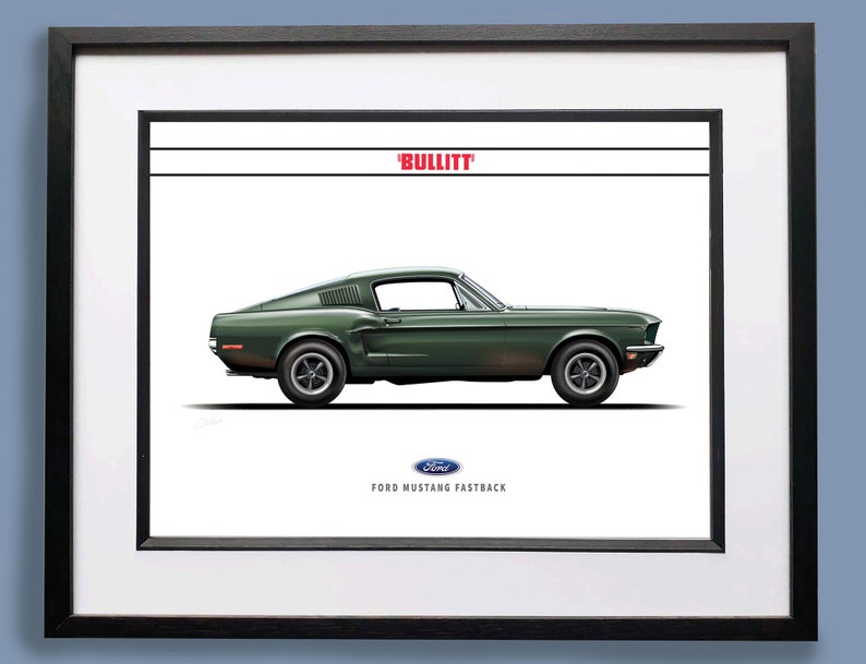 May include: A green Ford Mustang Fastback car with the word "BULLITT" in red letters above it. The car is a side profile view and the Ford logo is below the car.