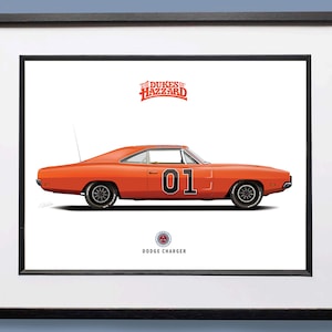 Carro do General Lee dos Duques de Hazzard (VERSÃO LIMPA) 1969 Dodge Charger Ilustração Arte Digital Impressão Arte do Carro Pôster de TV e Filme Carro de Filme