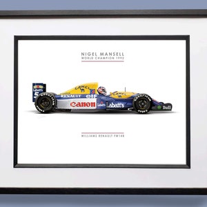 Póster de arte digital con ilustración de coche de Nigel Mansell Williams Renault FW 14B, campeón del mundo de Fórmula 1 de 1992, Gran Premio de automovilismo.