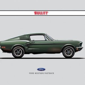 May include: A dark green Ford Mustang Fastback car, a classic muscle car, with the text 'BULLITT' above it.