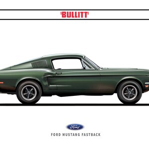 May include: A green Ford Mustang Fastback, a classic car from the 1960s, with the text 'BULLITT' above it.