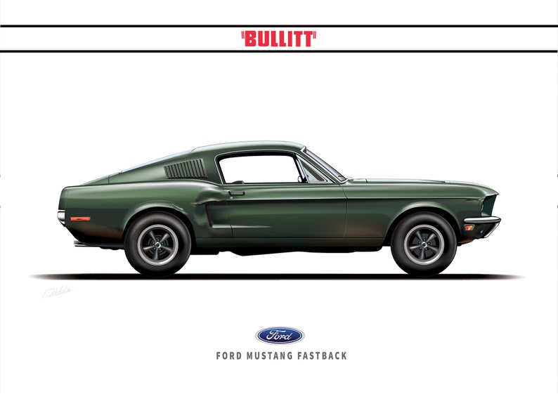 May include: A green Ford Mustang Fastback, a classic car from the 1960s, with the text 'BULLITT' above it.