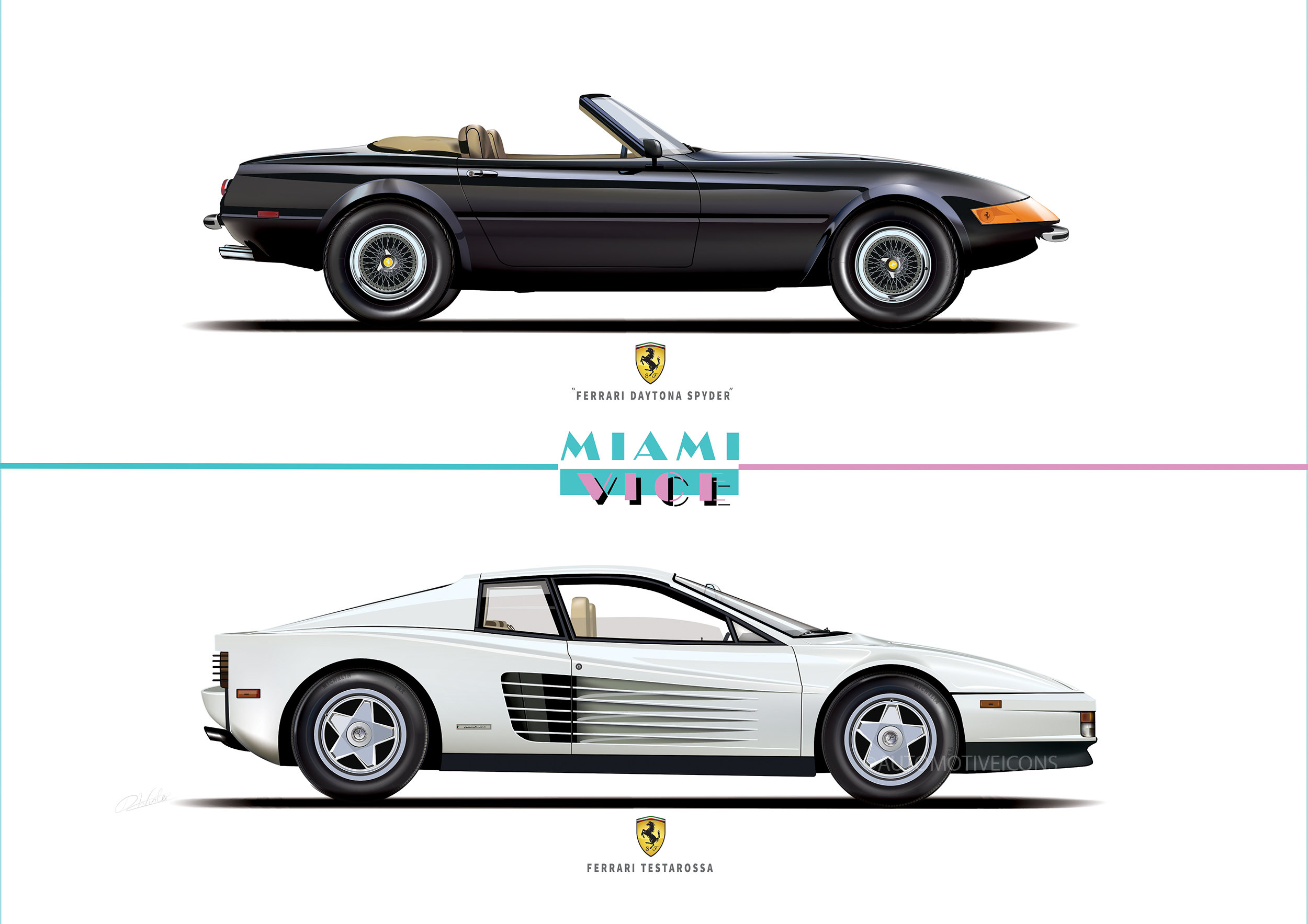 Miami Vice Ferrari Art Print: Testarossa & Daytona Illustration - Etsy