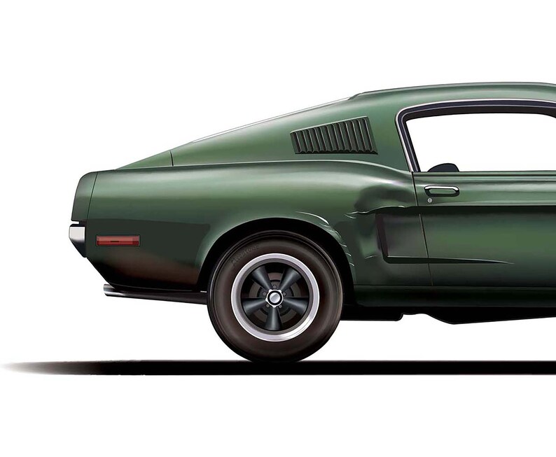 May include: A side view of a dark green classic car with black wheels. The car has a chrome bumper and a black interior.