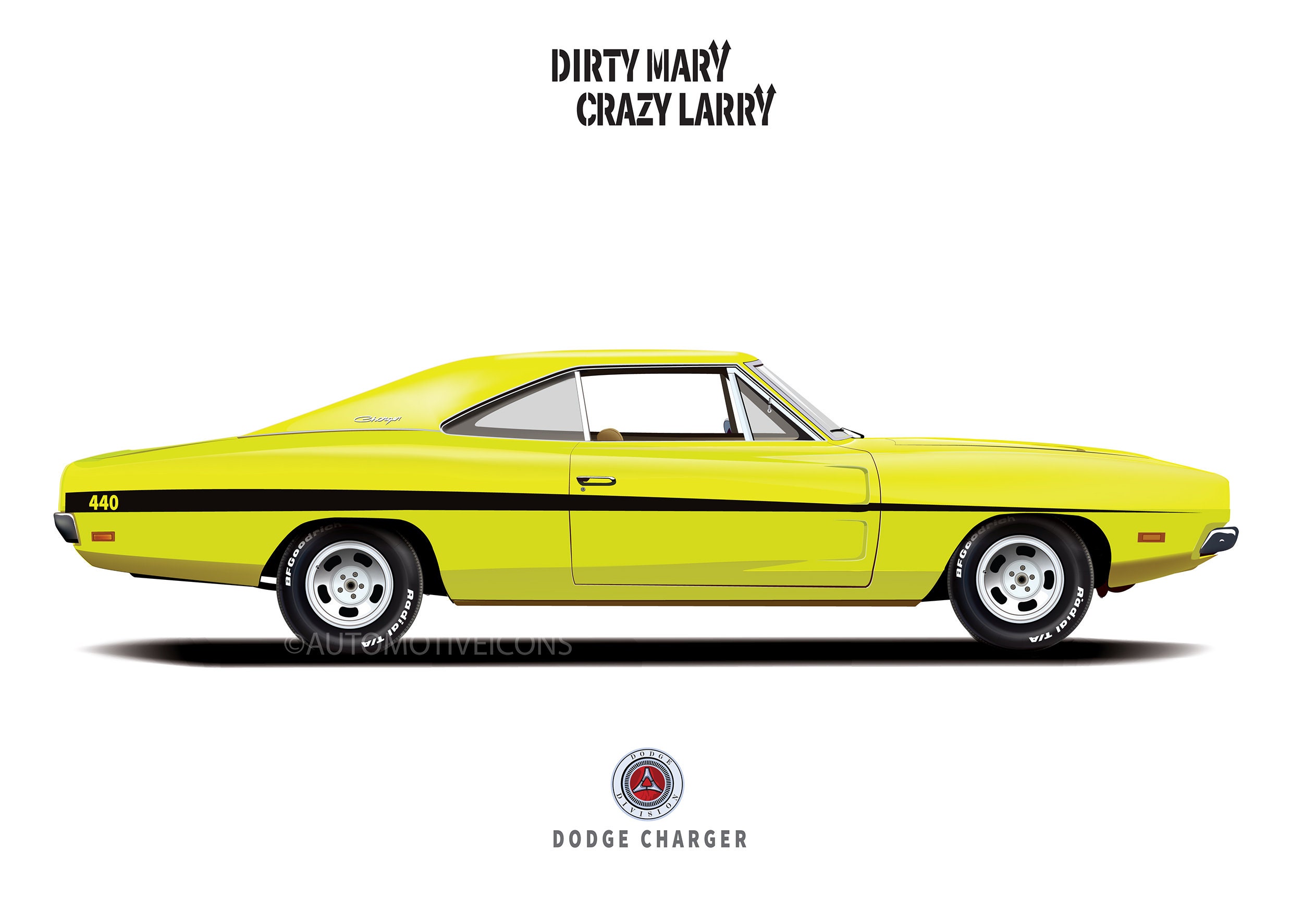 Dirty Mary Crazy Larry Dodge Charger Art Print: Fluorescent Yellow