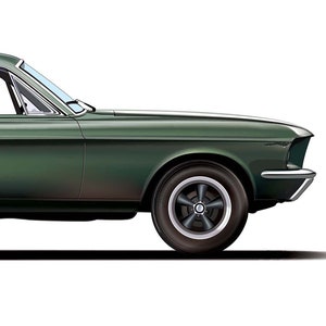 May include: A side view of a dark green classic car with chrome accents. The car has a black interior and a black steering wheel. The car is parked on a white background.