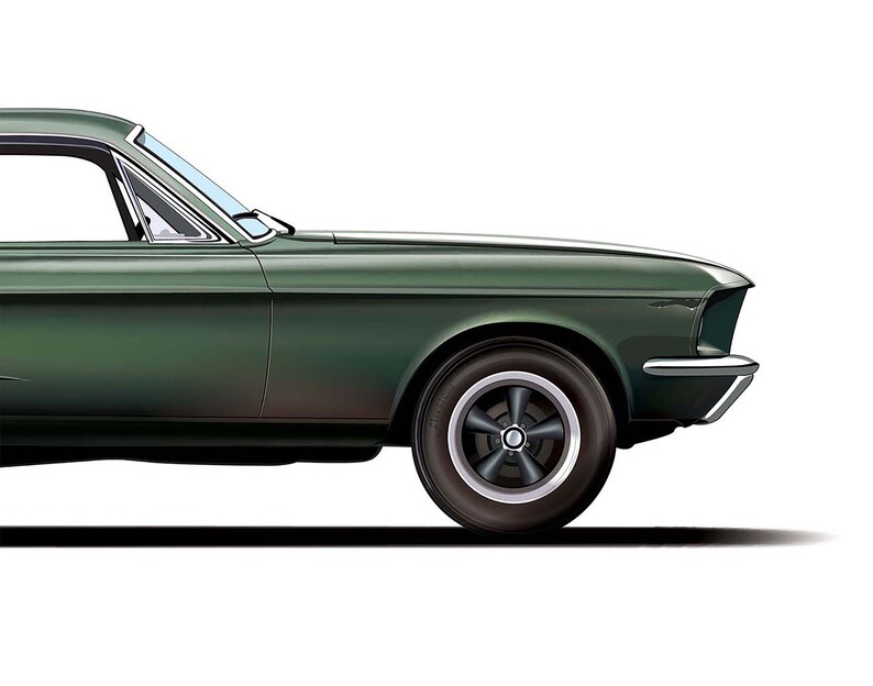 May include: A side view of a dark green classic car with chrome accents. The car has a black interior and a black steering wheel. The car is parked on a white background.