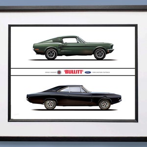 Bullitt Mustang & Dodge Charger Art Print: Steve McQueen Movie Car Poster