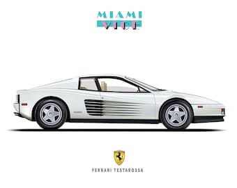 マイアミバイス フェラーリ・テスタロッサ FERRARI F512 Mクロケット マイアミ・バイス フェラーリ テスタロッサ アートプリント：1980年代