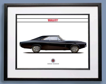 Bullitt  1968 Dodge Charger illustration Art Print: Steve McQueen Movie Car Poster