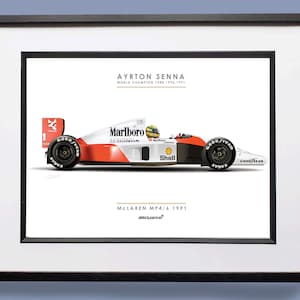 Ayrton Senna McLaren MP4-6 1991 Ilustración Impresión de arte digital Fórmula 1 Deportes de motor Gran Premio Campeón del mundo Póster de arte de coche