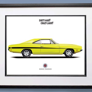 May include: A yellow Dodge Charger with black racing stripes and the text "Dirty Mary Crazy Larry" above the car. The car is on a white background with the text "Dodge Charger" below the car.