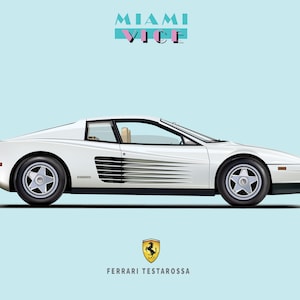 Op de afbeelding: Een witte Ferrari Testarossa sportwagen met de woorden "Miami Vice" in roze en blauwe tekst boven de auto. Het Ferrari-logo bevindt zich onder de auto met de tekst "Ferrari Testarossa".