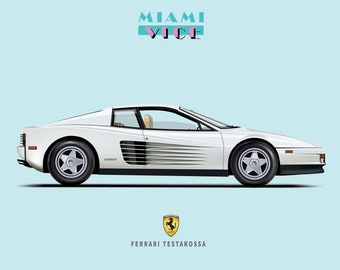 マイアミバイス フェラーリ・テスタロッサ FERRARI F512 Mクロケット マイアミ・バイス フェラーリ テスタロッサ アートプリント：1980年代