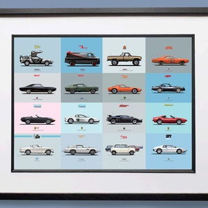 Famous Movie Cars Montage Art Print: Car Illustration Poster