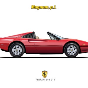 Magnum P.I. Ferrari 308 Illustration: Tom Selleck Movie Car Art (Digital Download)