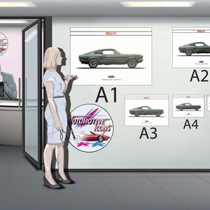 May include: A woman stands in front of a wall with five framed posters of a green Ford Mustang. The posters are labeled A1, A2, A3, A4, and A5. The largest poster is labeled A1 and is the most prominent in the image. The posters are all the same design, but they are different sizes. The woman is wearing a white blouse and a black skirt. She is looking at the posters.