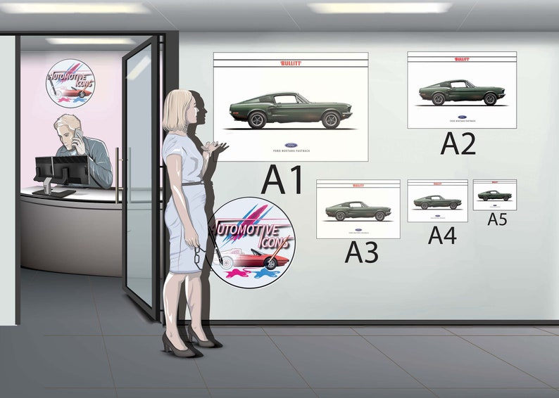 May include: A woman stands in front of a wall with five framed posters of a green Ford Mustang. The posters are labeled A1, A2, A3, A4, and A5. The largest poster is labeled A1 and is the most prominent in the image. The posters are all the same design, but they are different sizes. The woman is wearing a white blouse and a black skirt. She is looking at the posters.