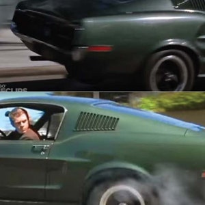 May include: A green Ford Mustang fastback with black interior and a driver in the seat. The car is driving down a street and kicking up smoke from the tires.