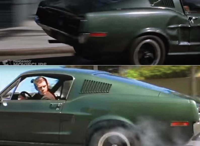 May include: A green Ford Mustang fastback with black interior and a driver in the seat. The car is driving down a street and kicking up smoke from the tires.