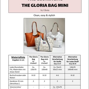 Op de afbeelding: Een tabel met instructies voor het maken van een tas of een mini-tas. De tabel geeft de benodigde materialen, de grootte van de tas en de stappen voor het maken van de tas. De tabel is getiteld "The Gloria Bag" en "The Gloria Bag Mini".