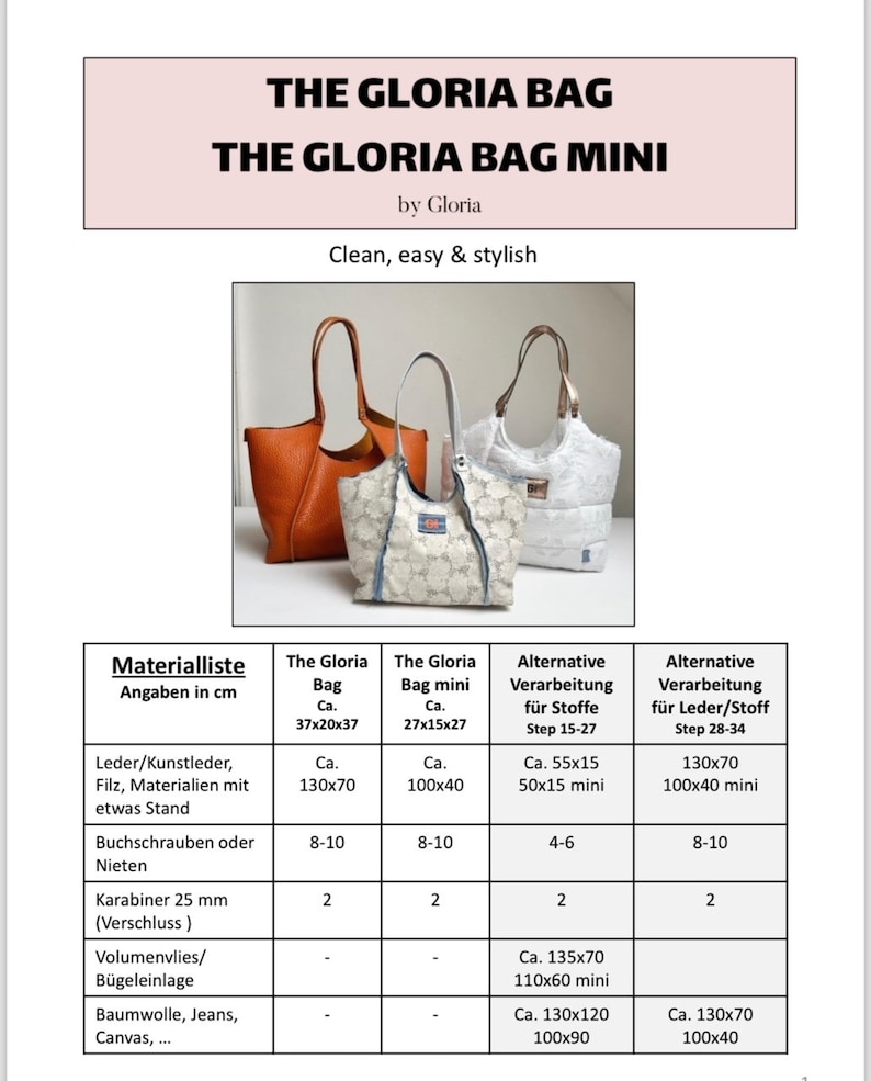 Op de afbeelding: Een tabel met instructies voor het maken van een tas of een mini-tas. De tabel geeft de benodigde materialen, de grootte van de tas en de stappen voor het maken van de tas. De tabel is getiteld "The Gloria Bag" en "The Gloria Bag Mini".