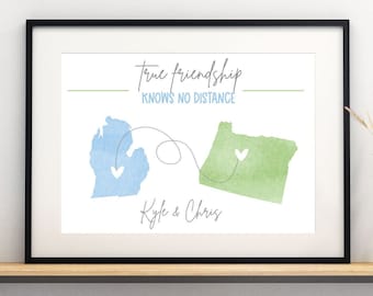 Personalized State Watercolor Portrait, Long Distance Friendship Gift (Digital Download)