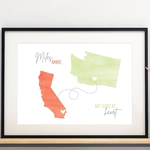 Beste Freundin Geschenk, Miles Apart But Close At Heart, Aquarell Staaten, Going Away Geschenk druckbar, Umzug Geschenk, Schwester Geschenk, personalisiert