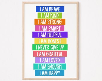Affirmations for Kids, Affirmations Print, I am Kind Smart Loved, Inspirational Quote, Printable Wall Art, Nursery Decor, DIGITAL DOWNLOAD