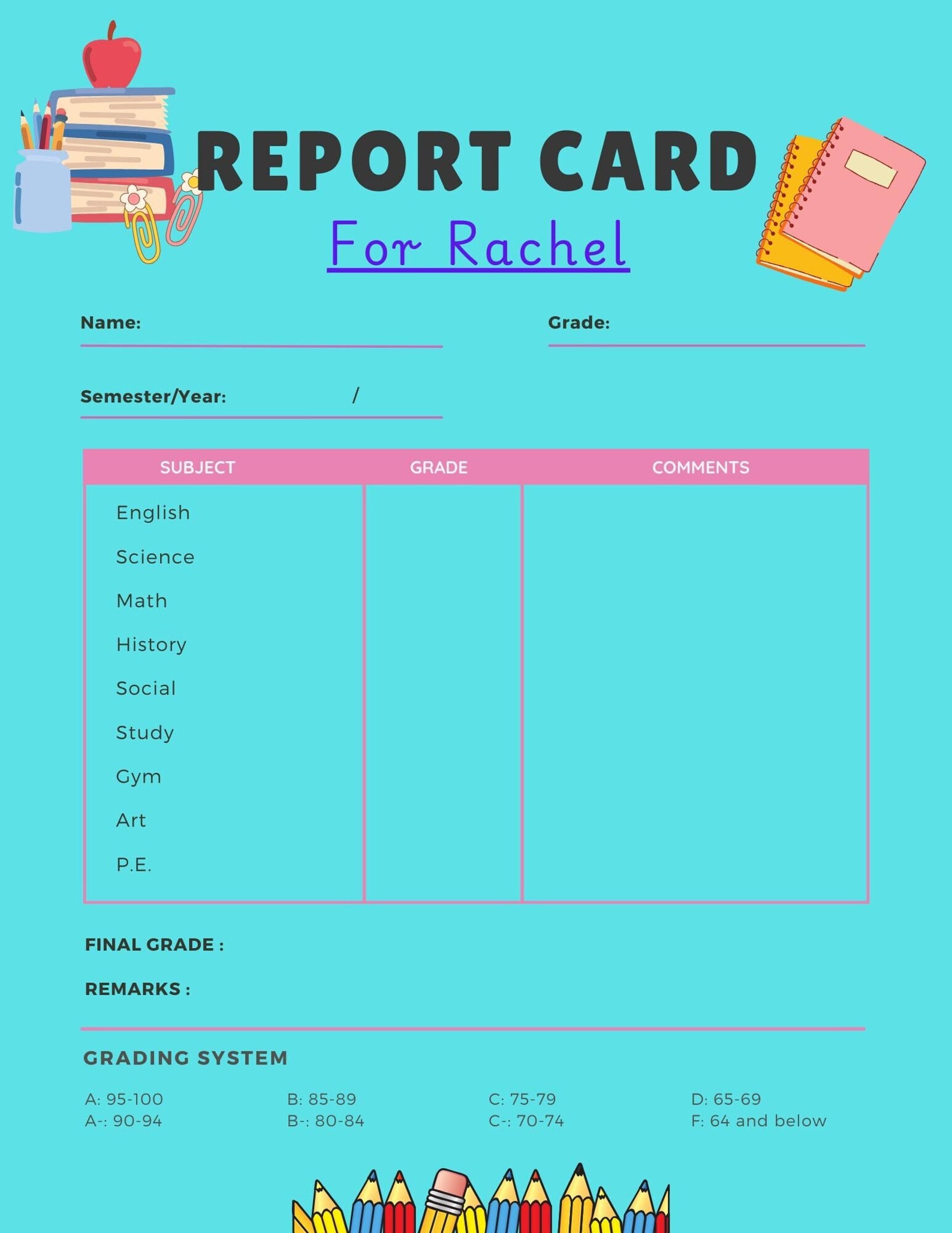 Report Card Template, Customizable Report Card, Home School Report Card ...