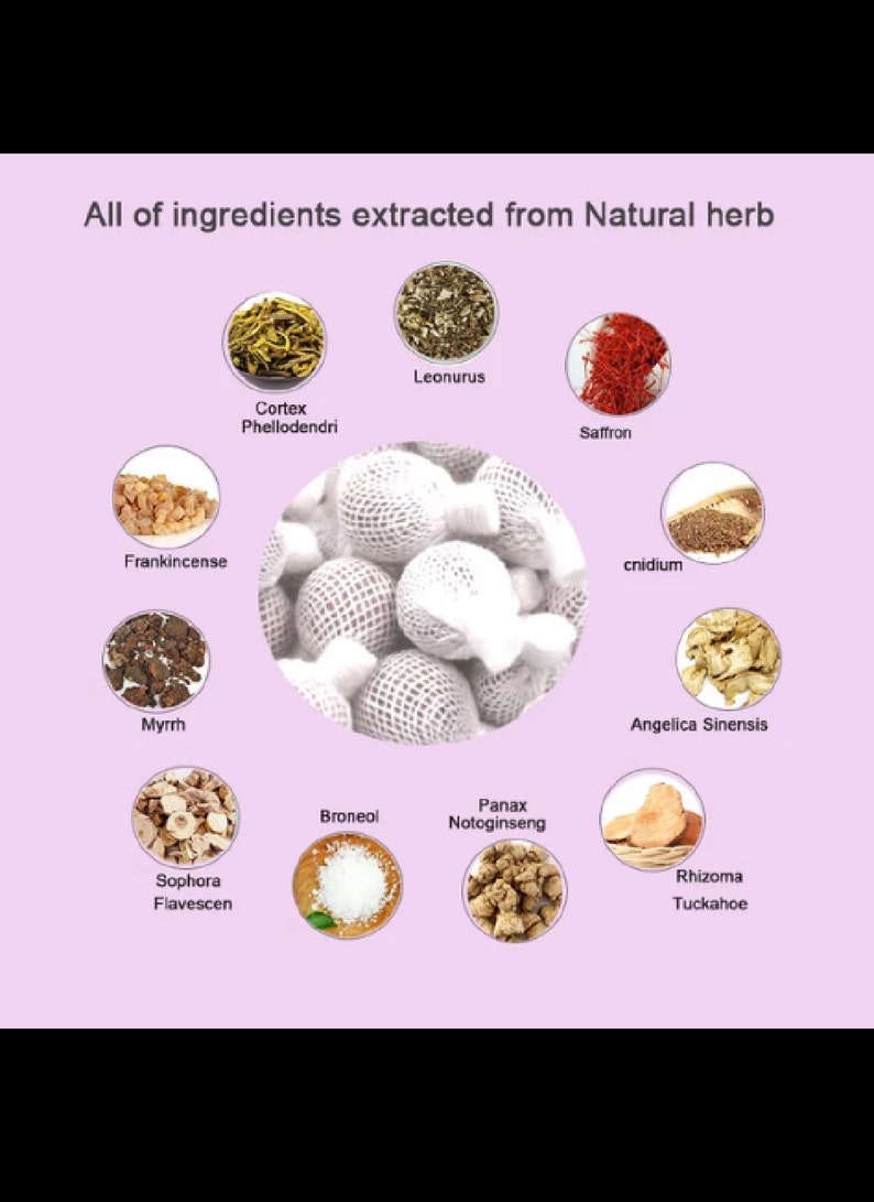K&ouml;nnte beinhalten: Nahaufnahme einer Vielzahl getrockneter Kr&auml;uter und Wurzeln, darunter Weihrauch, Myrrhe, Sophora flavescen, Leonurus, Cortex Phellodendri, Broneol, Panax Notoginseng, Safran, Cnidium, Angelica Sinensis und Rhizoma Tuckahoe. Alle Zutaten aus nat&uuml;rlichen Kr&auml;utern gewonnen.