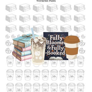 Op de afbeelding: Een Royal Icing Transfer-sjabloon getiteld Weekend Plans met contouren van boeken, koffiekopjes en koekjes. In het midden staan een stapel boeken, een ijskoffie, een boek met de titel Fully Bloomed & Fully Booked en een koffiebeker.