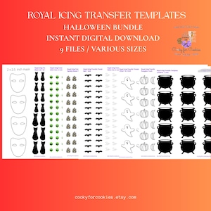 Halloween Bundle Royal Icing Transfer Templates, Bundle, Mask, Black Cat, Ghost, Alien, Pumpkin, Spooky