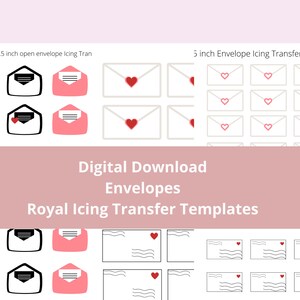 May include: Digital download templates for royal icing transfers of envelopes with hearts. Includes two sizes: 1.5 inch and 5 inch.