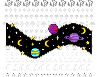 Foglio di modelli per decorazioni in glassa reale a tema spaziale, 3 dimensioni, 4 stili
