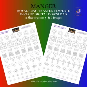 May include: Two white sheets featuring a MANGER ROYAL ICING TRANSFER TEMPLATE INSTANT DIGITAL DOWNLOAD with 2 sheets, 3 sizes, 5 & 6 images. The sheets contain black line art illustrations of nativity scenes, angels, crosses, and stars for icing.