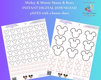 Mickey or Minnie Mouse with bows, 4 sizes 5 PDF sheets